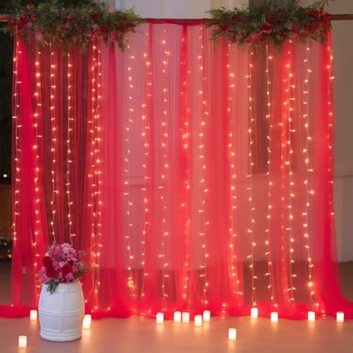 10ft x 8ft Red Backdrop Curtain with Lights String for Parties, Sheer Tulle Wedding Photo Backdrops Drapes for Baby Shower Birthday Party Decorations Background for Photography - color: Red, size: W5' x H8'(2 panels)