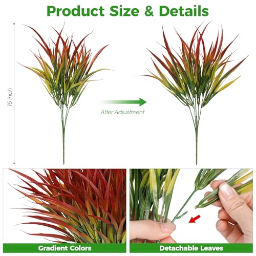 16 Pcs Artificial Plants Outdoor Fake Grass Faux Greenery Stems UV Resistant Plastic Plants Shrubs for Planters Patio Garden Front Porch Pathway Spring Summer Home Decor, Red - color: Red