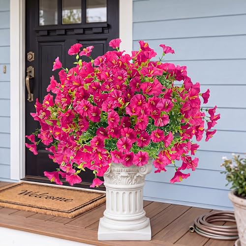 Artificial Flowers for Outdoors 12 Bundles Realistic Faux Plants UV Resistant Fake Silk Morning Glory with Eucalyptus for Front Door Planter Patio Porch Outside Spring Summer Decoration (Magenta) - color: Magenta