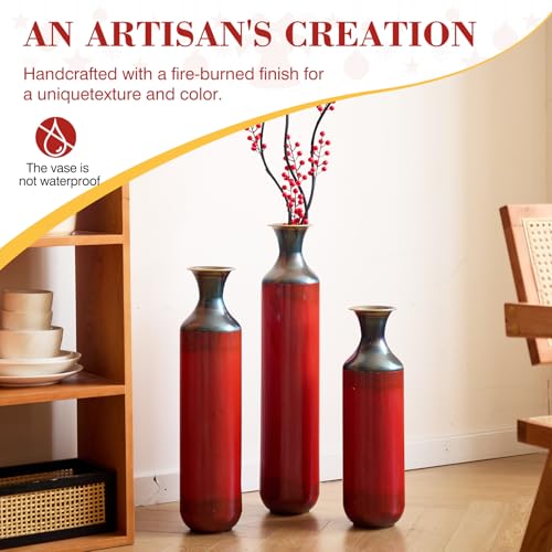 Floor Vases, Tall Home Decor Metal Vase Set of 3 Large Glazed Decorative Vases for Wedding Decor, Elegant Modern Flower Holder for Living Room, Entryway, Hallway - color: Gradient Red