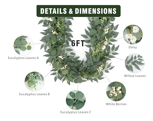 6 Ft 2 Packs Artificial Greenery Eucalyptus Garlands Faux Silver Dollar Eucalyptus Leaves Vines Spring/Summer Garland for Outdoor Wedding Arch Indoor Table Runner Fireplace Mantle Decoration