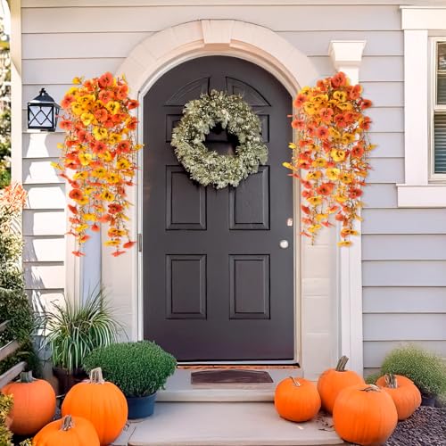 Artificial Fall Flowers for Outdoor, 4 Pcs Faux Pansy Fake Mums Plant Hanging Flowers Outdoor Fall Decor, UV Resistant No Fade Silk Flower for Front Door Porch Planter Patio Yard Garden(Orange Golden) - color: Orange Golden
