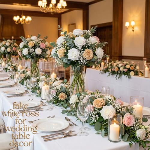 White Artificial Roses Bulk,50PCS 4in Large Fake Roses Faux Giant Flowers - color: White