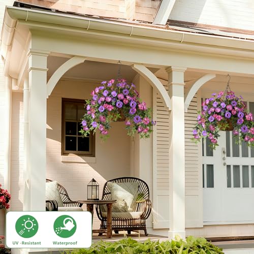 Artificial Fake Flowers Hanging Plants for Outdoor Spring Summer Decoration, 2Pcs Faux Petunias Realistic Silk Flower UV Resistant No Fade for Home Outside Garden Balcony Yard Porch (Purple Fuchsia) - color: Purple Fuchsia