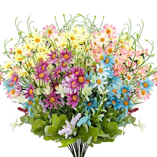 Silk Artificial Daisy Flowers Fake Floral Bulk UV Resistant Wildflowers Bouquet Arrangement for Outdoor Home Indoor Table Office Garden Wedding Decoration (Multicolor), 4 Pcs - color: Multi Color