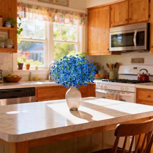 Artificial Outdoor Flowers 16 Bundles UV Resistant Fake Mums Flowers Plants for Decoration Indoor Outdoor Window Box Hanging Planter Home Porch Decor Plastic Faux Flowers (Blue) - color: Blue