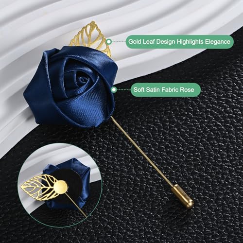M METERXITY 12-Pack Flower Lapel Pins for Men, Golden Leaf Rose Boutonnieres Pin for Wedding/Dance/Party, Mens Lapel Pins for Suits Satin Flower Corsage Hat Pins [Navy Blue] - color: Navy Blue