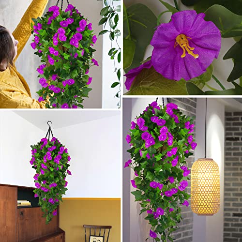Artificial Fake Hanging Flowers Plants Basket for Spring Outdoor Outside Decoration, UV Resistant Faux Plastic Fabric Flower Morning Glory Wisteria Petunia for Garden Porch Patio Balcony Yard Decor - color: Purple