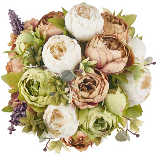 Mkono Peonies Artificial Flowers, 2 Packs 13 Stems Faux Peony Flowers Real Touch Fake Silk Bouquet for Arrangements Dining Table Centerpieces for Kitchen Bridal Wedding Party (2, Mixed White) - color: Mixed White