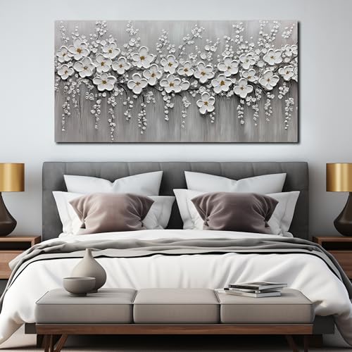 TYTAUPT Large White Flower Picture For Living Room,Floral Painting Wall Art For Dining Room Bedroom Hallway Decor 29 x 58 Inch - color: White Gary, size: 58"L x 29"W