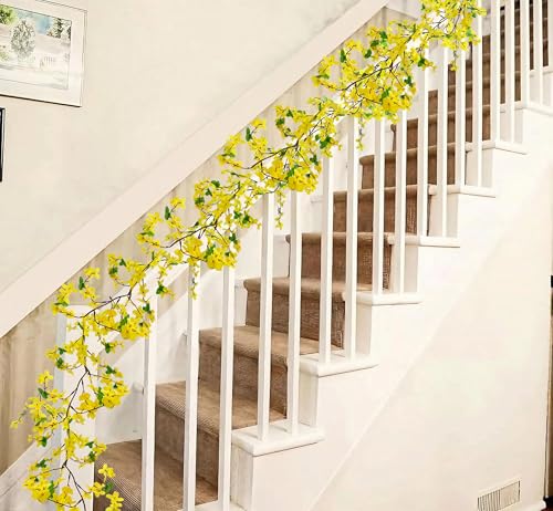 4PCS 23.6ft Forsythia Garland Artificial Flowers Vine Spring Yellow Silk Flower Garland Artificial Jasmine Vines Fake Flower Vine Hanging Ivy for Home Indoor Outdoor Wall Wedding Arch - color: Yellow-4