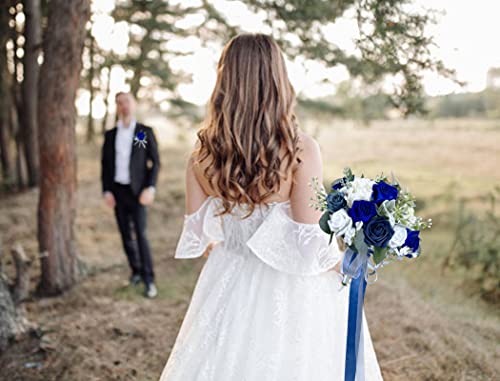 CherishedMoments Bridal Wedding Bouquet, 13.5 Inch Navy Blue Artificial Flowers Bridal Cascading Bouquets,Seaside Beach Wedding Bouquets for Wedding Ceremony and Anniversary - color: Navy Blue