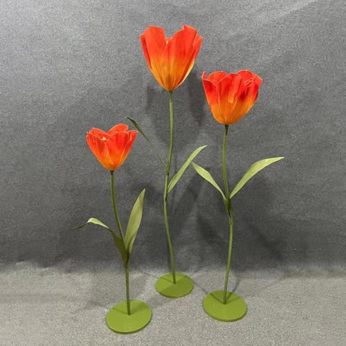 Set of 3 Giant Artificial Tulips Flowers for Decoration Wedding Reception Huge Artificial EVA Tulip Flower for Birthday Wedding Arrangements Banquet Background Decor Shop Window Display - color: Orange Red