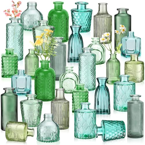 Yaomiao 30 Pcs Vases Bulk Colored Flower Glass Bud Vases Valentine Vintage Colored Glass Bottles Colorful Rustic Embossed for Home Wedding Table Decorations Gifts(Green Series) - color: Green Series