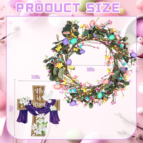 20 Inch Easter Wreaths with Cross Artificial Easter Eggs and Flowers Wreath for Front Door Spring Door Hanging Decorations for Home Party Holiday Celebrations Window Wall Decor - color: Easter-3