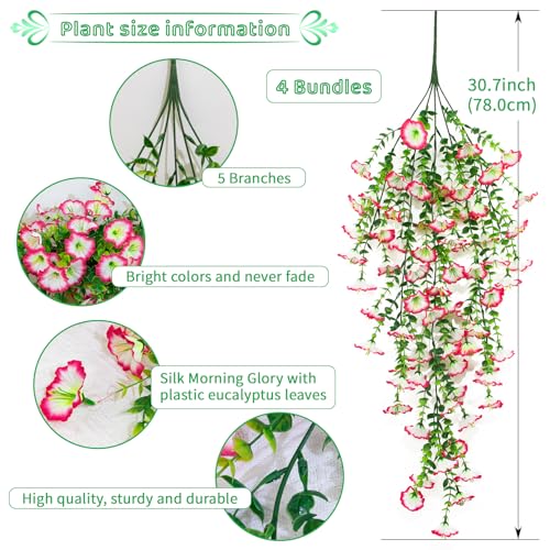 4 Pack Artificial Faux Hanging Flowers Plant for Outdoor, Fake Silk Morning Glory with Eucalyptus UV Resistant Realistic Trailing Vine for Wall Home Porch Patio Balcony Yard Indoor Decor, Pink White - color: Pink
