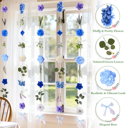 Livole 6Pcs 36Ft Hanging Flower Garland with Bow Wildflower Garlands Backdrop Silk Artificial Fake Floral Vines for Wedding Bridal Party Birthday Arch Wall Home Garden Decor(Blue) - color: Blue, size: 6Pcs
