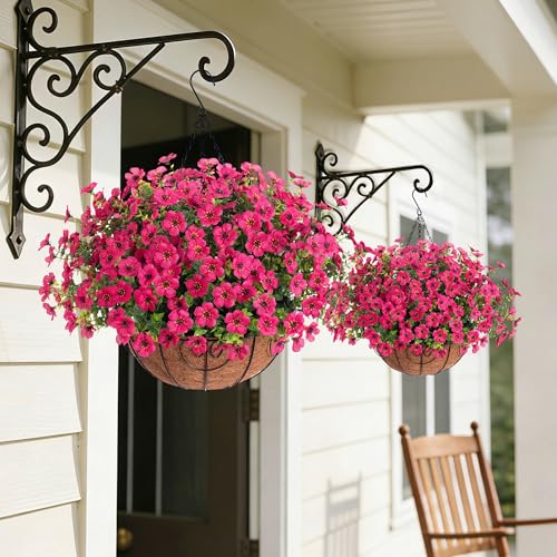 HyeFlora 2 Set Artificial Outdoor Flowers Hanging Basket, Faux Hanging Plants for Outside Spring Decoration, Fake Silk UV Resistant Look Real Daisy for Porch Patio Home Decor - color: Rose Red