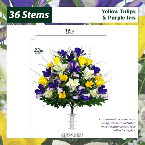Sympathy Silks Artificial Cemetery Flowers - Grave Decoration - Yellow Tulips and Purple Iris (1) Bouquet - color: Yellow/Purple, size: (1) Bouquet