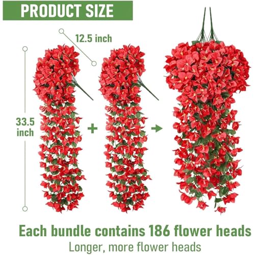 ATTGREAT Artificial Bougainvillea for Outdoors Faux Plants UV Resistant Flowers Fake Plastic Plants Realistic Silk Flowers for Porch Planter Garden Outside Hanging Decoration, 2Pcs (Red) - color: Red