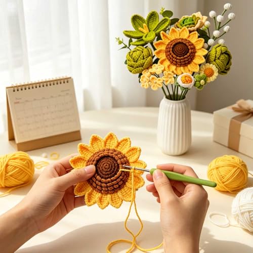 Crochet Flower Bouquet, Crochet Sunflower Bouquet, Green Knitted Flowers for Graduation or Back-to-School Gifts, Mother's Day, Father's Day, Anniversary, Birthday, Valentines Day Gifts (Large-Green) - color: Large-green