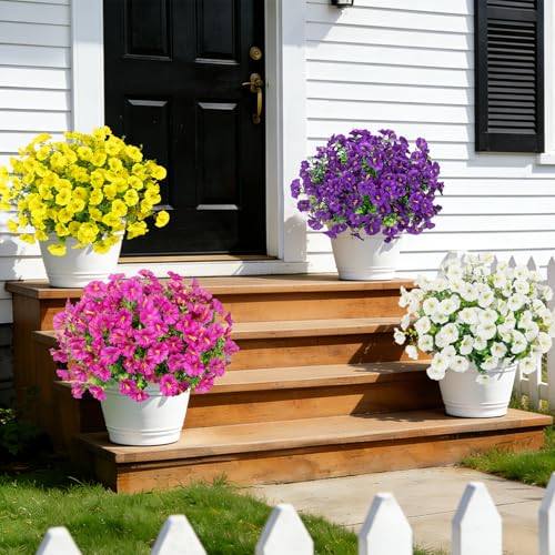 Bassion Artificial Flowers for Outdoors, 20 Bundles Silk Fake Flowers UV Resistant Realistic Morning Glory Faux Eucalyptus Plants for Outside Planters Porch Window Box Garden Indoor Decor - color: Mix Color