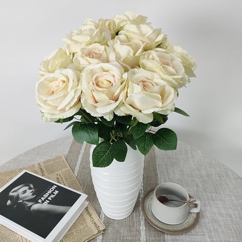 ATFL Fake Roses Artificial Flowers Bulk,Floral Diameter 4'',20 Pcs Artificial Silk Roses Flowers with Stems for Wedding Arrangement Centerpieces Party Home Table Decorations (20, Champagne) - color: Champagne