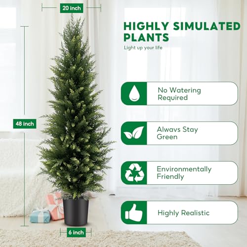 4FT Artificial Cedar Topiary Trees 2 Pack, Resistant | Lifelike artificial cypress topiary, protected. No watering. For porch, patio, garden, home office. - size: 4FT