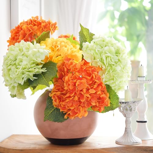 FiveSeasonStuff Real Touch Silk Hydrangea Flowers, 2 Large Long Stem Artificial Flowers for Floral Arrangements (Autumn Orange) - color: Autumn Orange