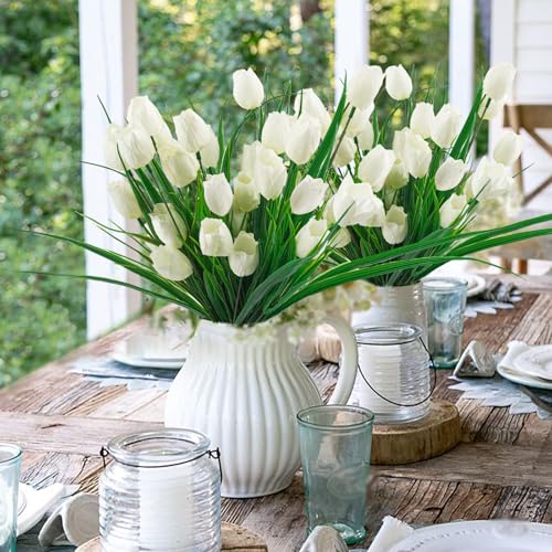 12 Bundles Tulips Artificial Flowers, 60 Heads Outdoor Artificial Tulip Faux Plastic Greenery Shrubs Plants UV Resistant for Easter Home Outside Garden Porch Window Decor (White) - color: White, size: 12 PCS