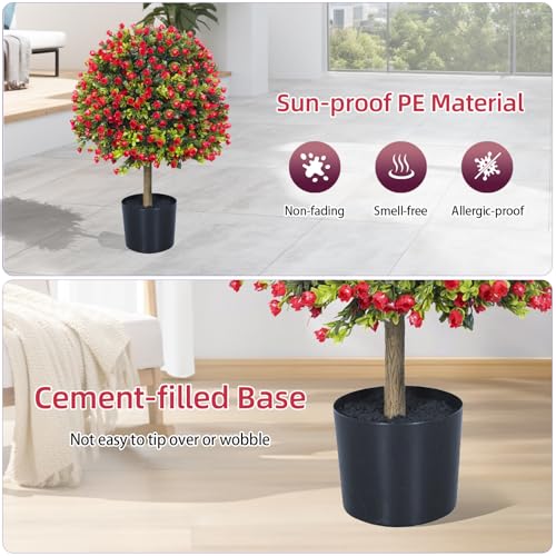 Artificial Rose Topiary Ball Trees, Set of 2 Fake Shrubs Bushes, UV Resistant Faux Evergreen Tree for Front Porch Outdoor Garden Decor - color: Rose, size: with Pot