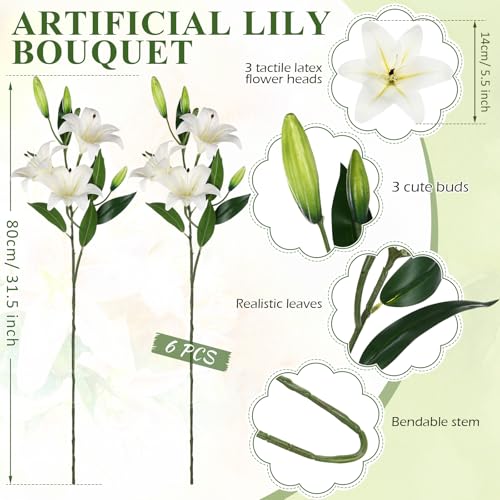 Dingion 6 Pcs 18 Heads Artificial Lily Flowers 31.5'' Mother's Day Lily Flowers Long Stem Fake Bouquet Latex Realistic 3 Big Flower Head 3 Bud for Tall Vase Home Table Wedding Decoration(White) - color: White