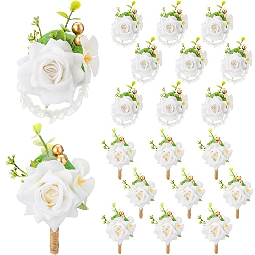 Sherr 20 Pcs White Rose Wrist Corsage and Boutonnier Set Wedding Flower Corsage Wristlet Band Bracelet Bridegroom Men's Boutonniere Wristlet Hand Flower for Wedding Bouquets Supplies - color: White