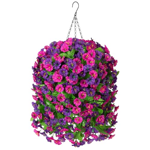 INXUGAO Artificial Flowers with Hanging Basket, Outdoor Faux Plants Silk Morning Glory Vines, Fake Green Arrangement for Garden Patio Spring Summer Decor(4pcs,Purple Red Violet) - color: Purple Red Violet