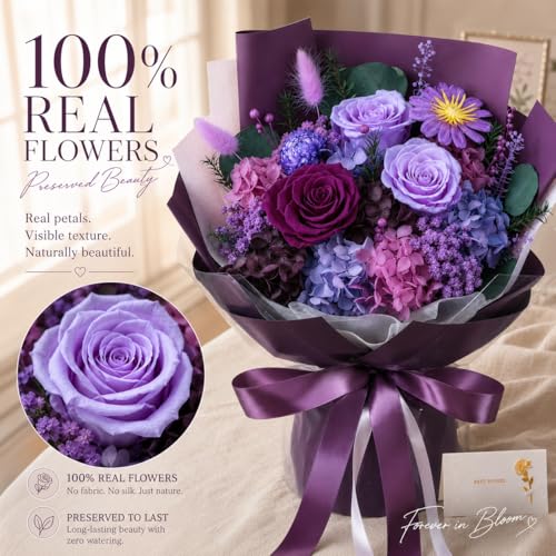 Preserved Purple Rose Bouquet, 100% Real Flowers for Women Mother Wife, Long-Lasting Eternal Roses with Gift Box, Forever Flowers for Anniversary Birthday Mother's Day, Lasts 3-5 Years - color: Deep Purple