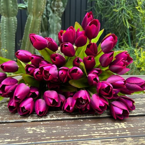 Artificial Fake Flowers Tulip for Outdoor Decoration,UV Resistant Faux Plastic Fabric Greenery Shrubs Plants Fake Flowers Hanging Planter Kitchen Home Garden Wedding Decor (Dark Purple) - color: Dark Purple