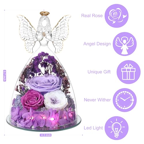 Mothers Day Rose Gifts for Women Preserved Real Flower in Glass Angel Figurines Roses for Delivery Prime Birthday Gifts for Mom Grandma Girlfriend Wife Her, Light Purple Austin Roses - color: Light Purple With Austin Roses