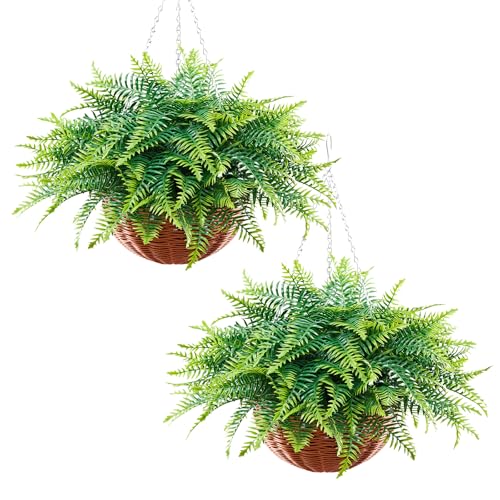 VEVOR Artificial Ferns, 2 Pcs Fake Hanging Boston Fern Bush Plant with 23 Inch Hanging Length, Plastic Faux Greenery for Indoor and Outdoor Decor, for Wall, Wedding Party, Home, Porch Garden, Office - size: 21.26 x 21.26 x 16.92 in