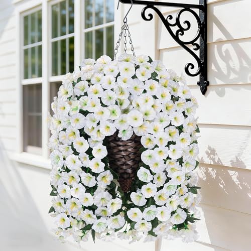 HyeFlora Artificial Faux Hanging White Flowers Plants Basket for Outdoor Outside Christmas Winter Decor, Fake UV Resistant Realistic Morning Glory Flowers for Porch Home Balcony Yard Patio Decoration - color: White Morning Glory