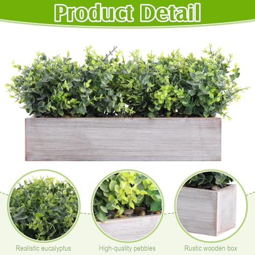 Lyrow 2 Pack Artificial Eucalyptus Plant in Rustic Rectangular Wooden Planter Box Greenery Faux Potted Herb Plant for Indoor Wedding Table Centerpiece(Green,16.1 x 3.7 x 8.7 Inches,Classic Style) - color: White, size: 16.1 Inch, style: White Frosted Point