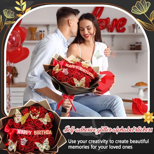 Thiccywoov Valentine Glitter Roses Bouquet (exclude Rose & Glue) DIY Roses with Glitter Powder Flower Wrapping Paper Letter Stickers Bags for Mothers Day Birthday Wedding Graduation Xmas Gifts(Red) - color: Red