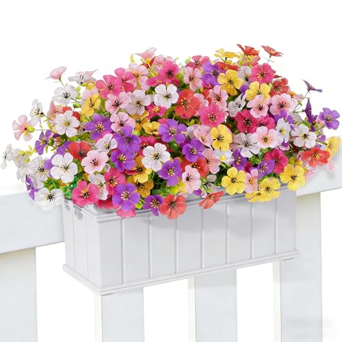 12 Bundles Artificial Flowers for Outdoor UV Resistant and Realistic, Faux Daisy Fake Flowers with Eucalyptus Leaves for Porch, Patio, Planter, Window Box, Home, Garden Decor - color: Red Yellow White Purple