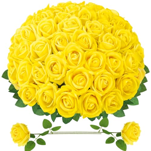 90 Pcs Yellow Velvet Rose Artificial Flowers with Long Stems, Fake Silk Roses Real Touch Fake Roses Florals for Birthday Wedding Bouquet Party Arrangement Decorations - color: Yellow