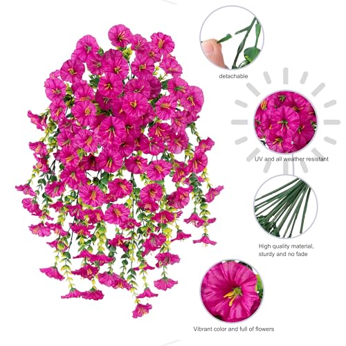 Ivydale 2 PCS Artificial Hanging Flowers Fake Plants Outdoor,Silk Morning Glory Faux Flowers with Eucalyptus Leaves,UV Resistant Realistic Hanging Petunias Plants for Home Garden Decor (Fuchsia) - color: Fuchsia