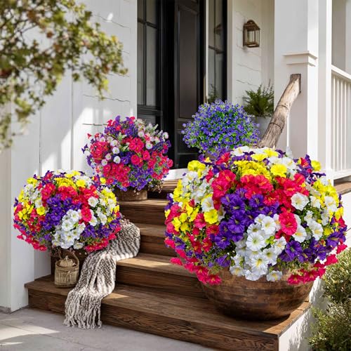 AXYLEX Artificial Flowers Outdoor Shrubs - 16 Bundles Fake Plants UV Resistant No Fade Faux Plastic Greenery Home Garden Porch Patio Decoration (1, Multi16-2) - color: Multi16pcs - Red Pink+purple+yellow