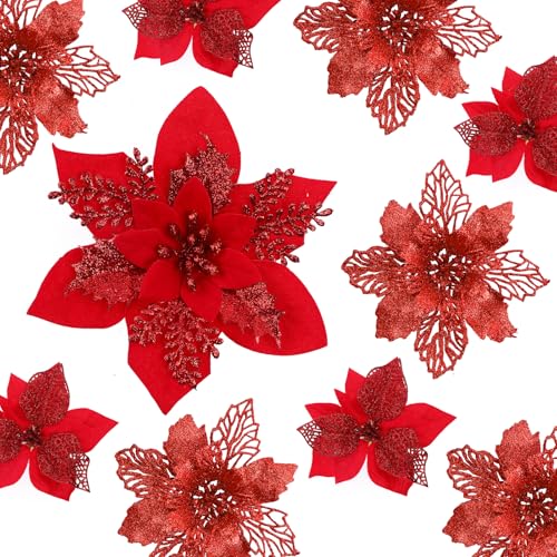 Alupssuc 24 PCS 3 Styles 6'' Poinsettia Christmas Flowers Artificial, Glitter Artificial Flower, Christmas Decorations for Xmas Tree Party Wreath Fireplace, New Year Ornaments, Red - color: Red