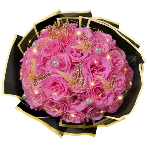 Pink Glitter Roses Bouquet, 24 Pcs Shiny Glitter Flowers Bouquet, Everlasting DIY Artificial Roses Bouquet for Christmas, Birthday, Anniversary, Wedding, Engagement - color: Pink-a, size: 24 PCS