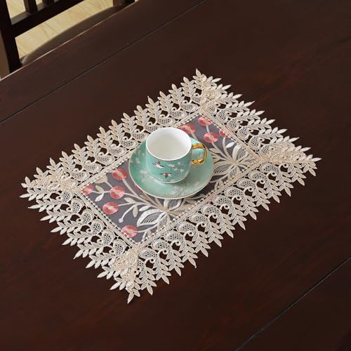 Lace Placemats Set of 2 Embroidered Dinning Table Lace Place Mats with Fashionable Flower Design, Vintage Crochet Lunchmat Doilies, Hollow Vase Mat for Home Kitchen Wedding Decoratio 2pcs(Pink) - color: Champagne&pink, size: 12 x 18 Inch