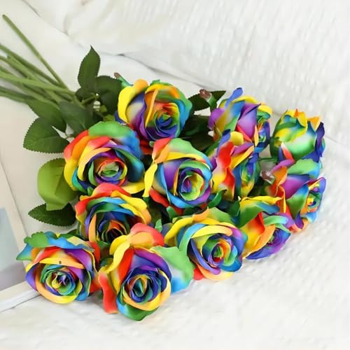 Laelfe 12 PCS Artificial Flowers Rainbow Roses Silk Flowers Fake Long Stem Artificial Colorful Roses for Christmas Home Wedding Bathroom Kitchen Decorations (Colorful) - color: Multi-color