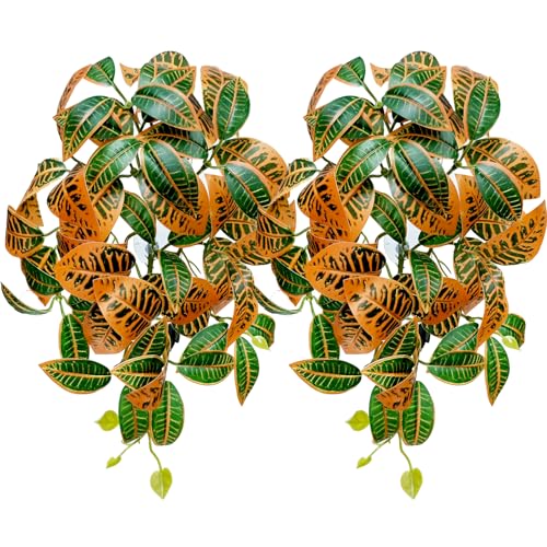 Woyrise 2 Pack Reptile Plants, Terrarium Hanging Plant Vines, Artificial Leaves with Suction Cup, Bearded Dragon Tank Accessories for Gecko Lizard Snake Frog Tortoise Decorations - Codiaeum Variegatum - color: Codiaeum Variegatum